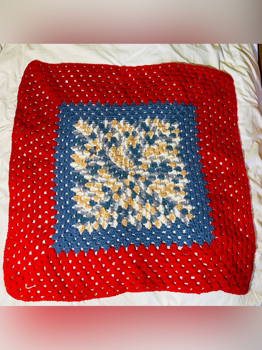 Handmade Red, Blue & Cream Crochet Throw Blanket - Home Holiday